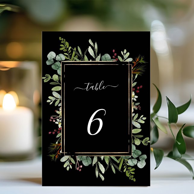 Botanical Greenery Christmas Holiday Wedding Black Table Number (Creator Uploaded)