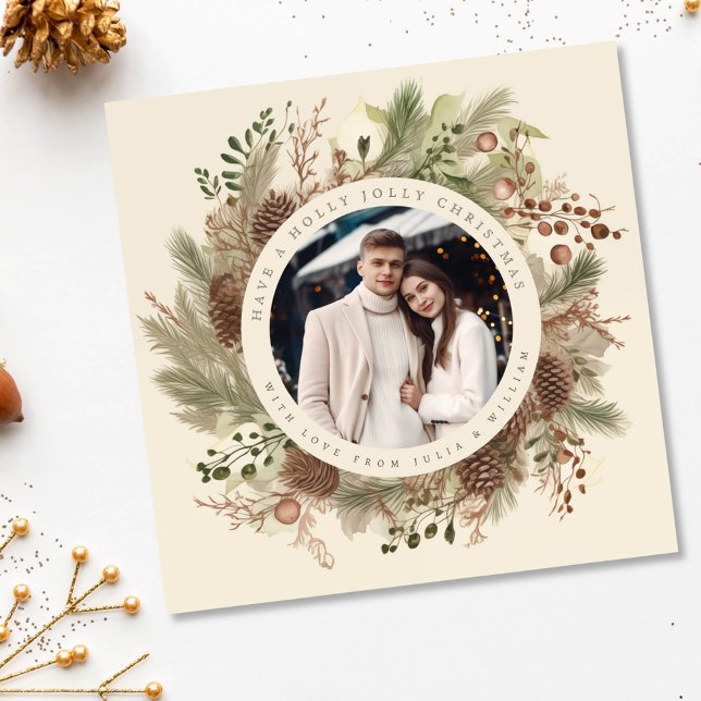 Botanical greenery christmas photo black square holiday card (Creator Uploaded)