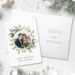 Botanical Greenery Christmas Photo Holiday Card<br><div class="desc">This photo Christmas | Holiday folded card features painted watercolor eucalyptus,  green leaves,  red berries,  pine branches,  and a circle photo with optional text inside. For more advanced customisation of this design,  please click the "customise further" link. Matching items are also available.</div>