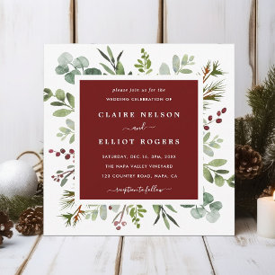 Botanical Greenery Christmas Red Wedding Square Invitation