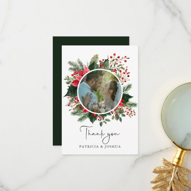 Botanical Greenery Christmas Wedding Photo Thank You Card (Front/Back In Situ)