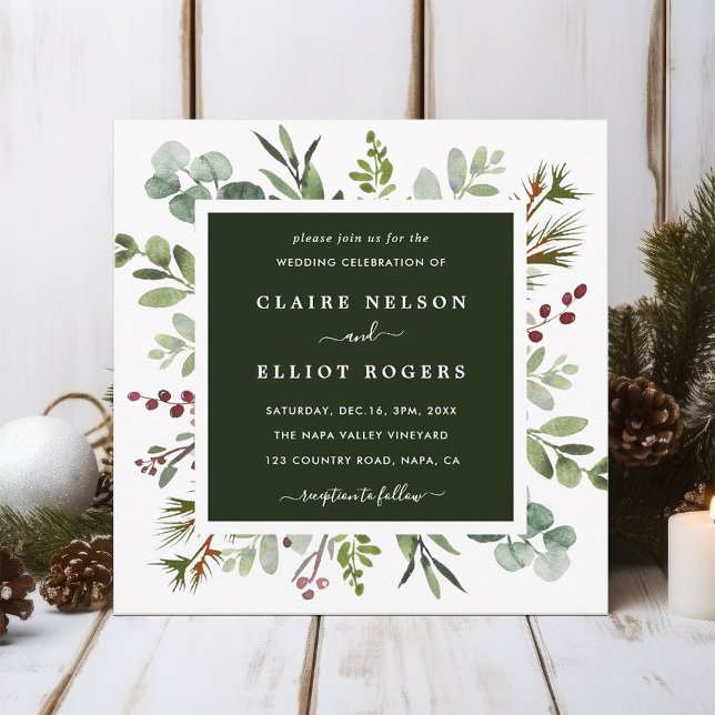 Botanical Greenery Christmas Wedding Square Invitation (Creator Uploaded)