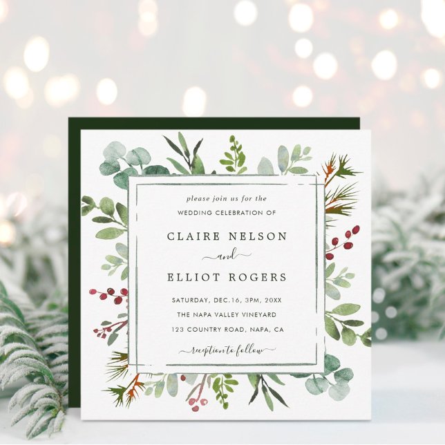 Botanical Greenery Christmas Wedding Square Invitation (Creator Uploaded)
