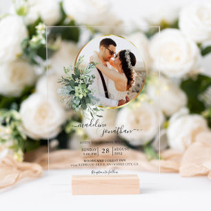 Botanical Greenery Circle Border 2 Photo Wedding Acrylic Invitations