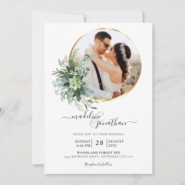 Botanical Greenery Circle Border 2 Photo Wedding Invitation (Front)