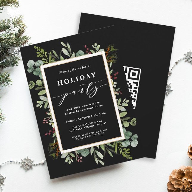 Botanical Greenery Corporate Holiday Party Black Invitation (Creator Uploaded)