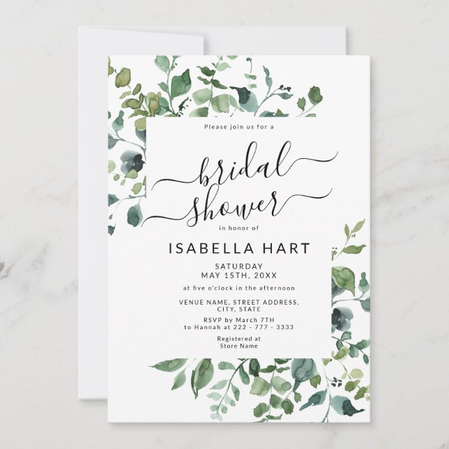 Botanical Greenery Emerald Woodland Bridal Shower Invitation (Front)