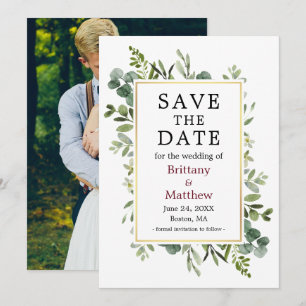 Botanical Greenery Eucalyptus Burgundy Photo Save The Date