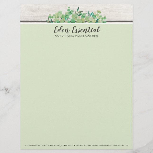 Botanical Greenery Eucalyptus & Rustic Wood Eco Custom Letterhead (Front)