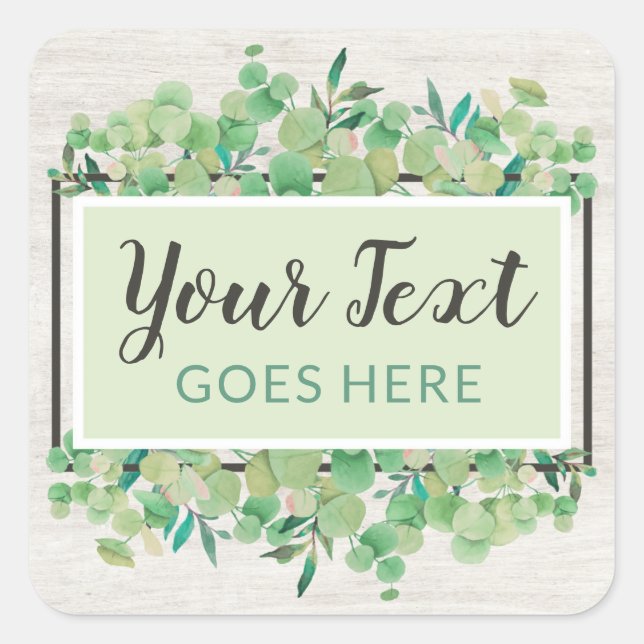 Botanical Greenery Eucalyptus & Rustic Wood Eco Square Sticker (Front)