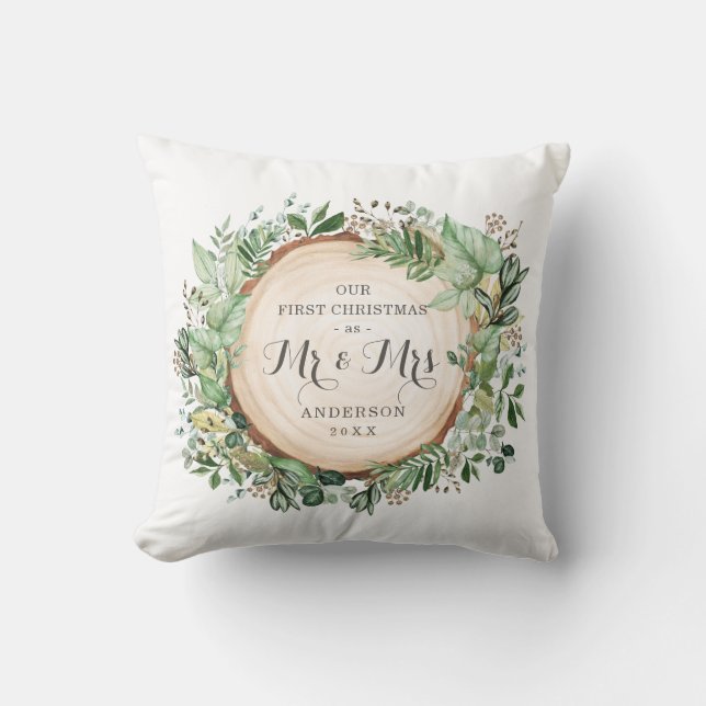 Botanical Greenery First Christmas as Mr & Mrs Cushion (Front)