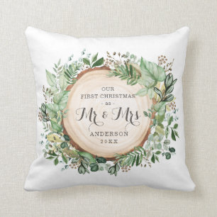 Botanical Greenery First Christmas as Mr & Mrs Cushion