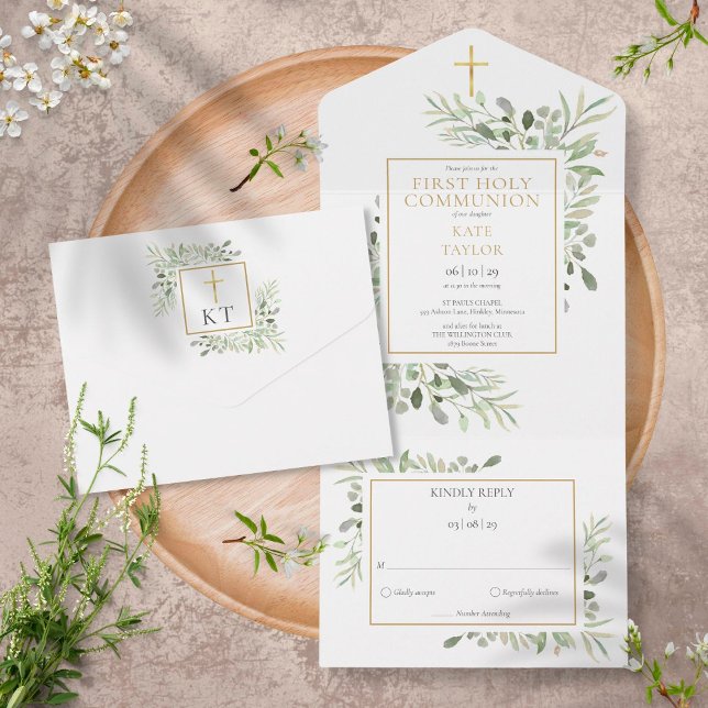 Botanical Greenery First Holy Communion All In One Invitation (Creator Uploaded)