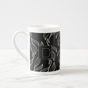 Botanical Greenery Floral Black and White Monogram Bone China Mug