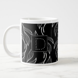 Botanical Greenery Floral Black and White Monogram Large Coffee Mug