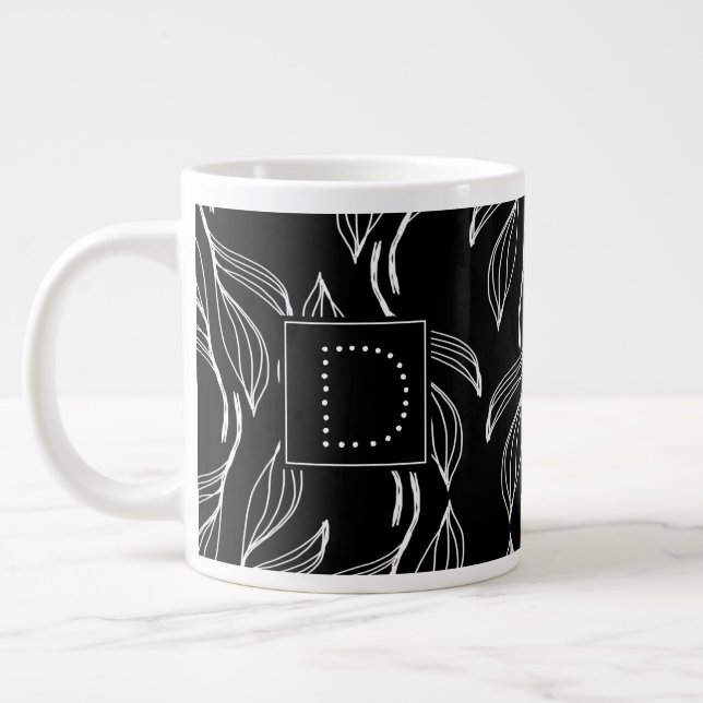 Botanical Greenery Floral Black and White Monogram Large Coffee Mug (Left)