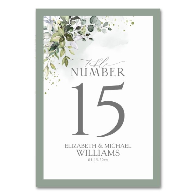 Botanical Greenery Floral Watercolor Reception Table Number (Front)