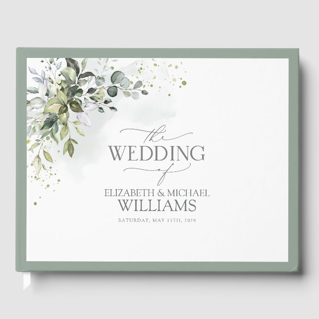 Botanical Greenery Floral Watercolor Wedding Guest Book (Front)