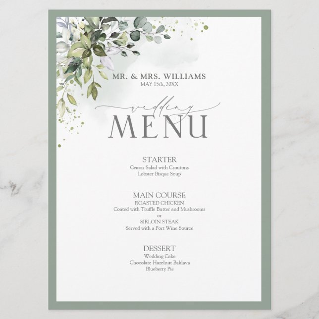 Botanical Greenery Floral Watercolor Wedding Menu (Front)