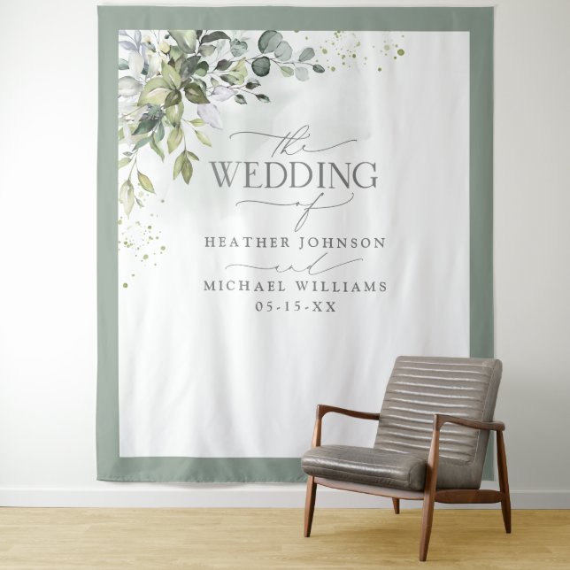 Botanical Greenery Floral Watercolor Wedding Photo Tapestry (In Situ)