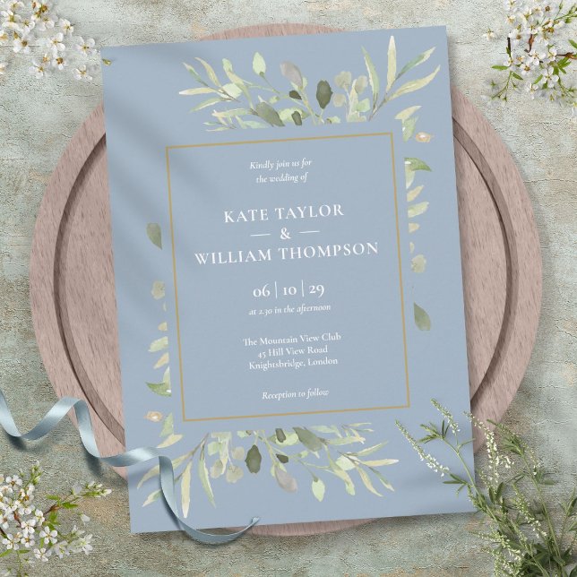 Botanical Greenery Foliage Dusty Blue Wedding Invitation (Botanical Greenery Foliage Dusty Blue Wedding Invitation)