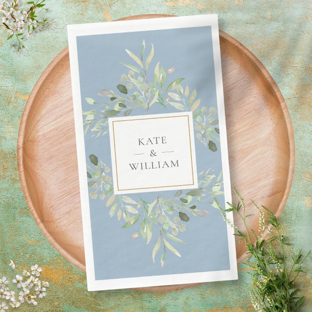 Botanical Greenery Foliage Dusty Blue Wedding Napkin (Creator Uploaded)