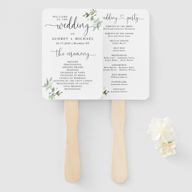 Botanical Greenery Foliage Heart Wedding Program Hand Fan (Front and Back)