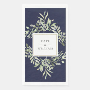 Botanical Greenery Foliage Navy Blue Wedding Napkin