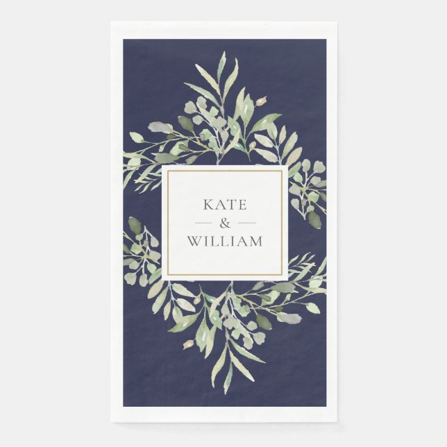 Botanical Greenery Foliage Navy Blue Wedding Napkin (Front)