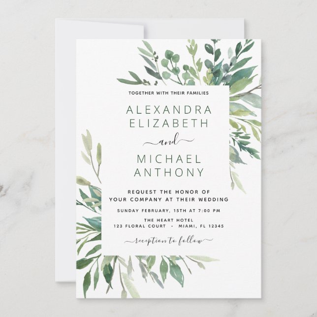 Botanical Greenery Foliage Watercolor Wedding Invi Invitation (Front)