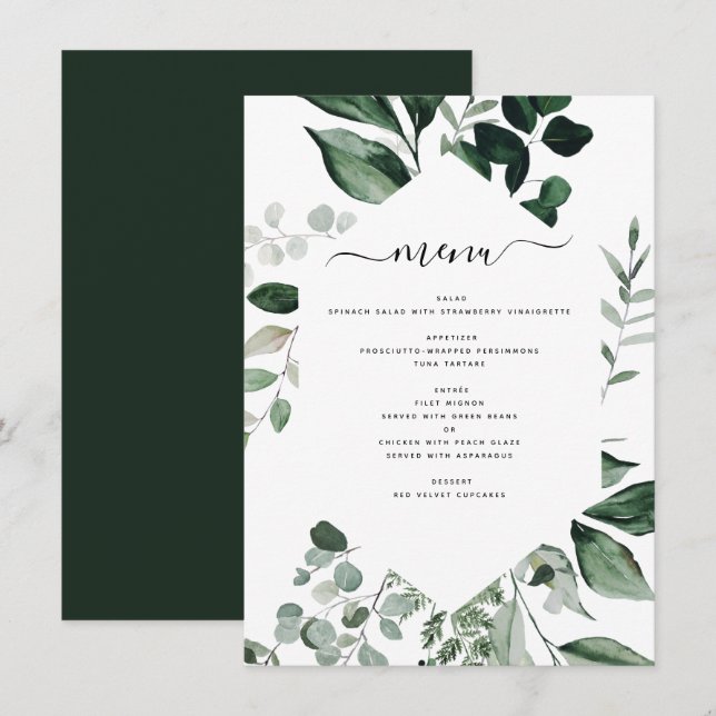 Botanical Greenery Foliage Watercolor Wedding Menu (Front/Back)