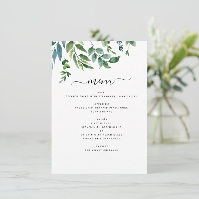 Botanical Greenery Foliage Watercolor Wedding Menu (Standing Front)