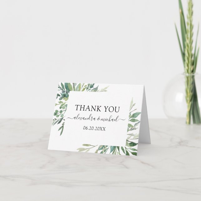 Botanical Greenery Foliage Watercolor Wedding Than Thank You Card (Front)