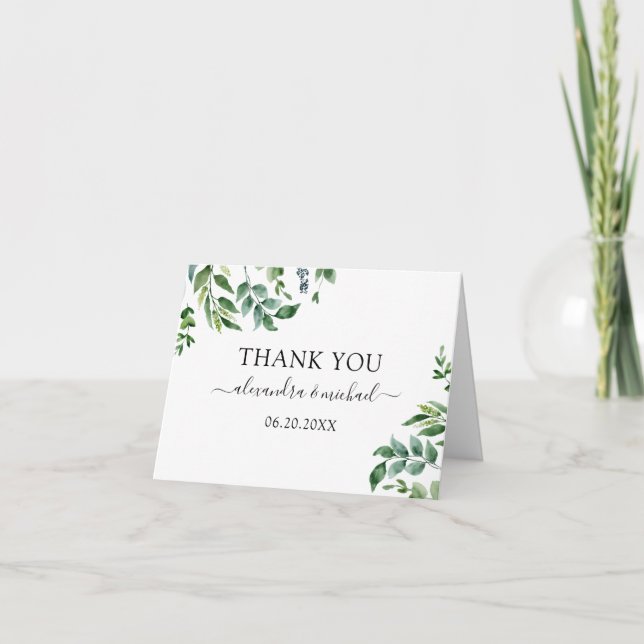 Botanical Greenery Foliage Watercolor Wedding Thank You Card (Front)