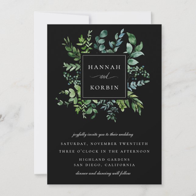 Botanical Greenery Frame Black Wedding Invitation (Front)