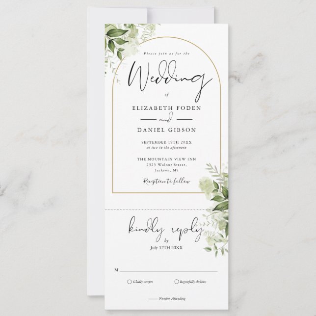 Botanical Greenery Gold Arch All In One Wedding Invitation (Front)