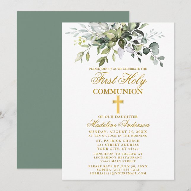 Botanical Greenery Gold First Communion Invitation (Front/Back)