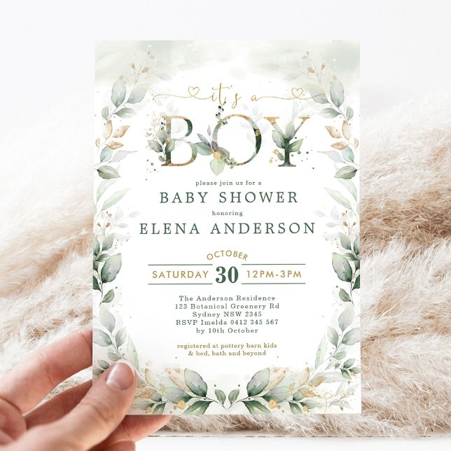 Botanical Greenery Gold Garden Boy Baby Shower Invitation (Creator Uploaded)