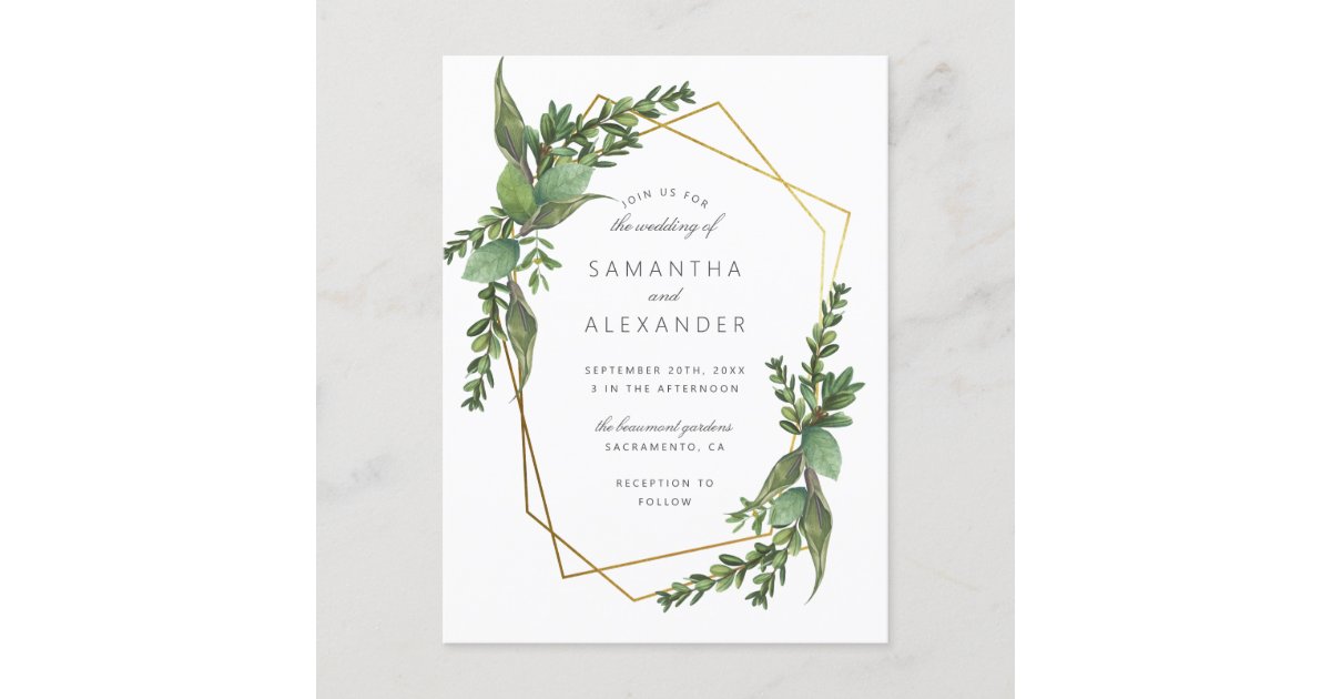 Botanical Greenery & Gold Geometric Wedding Invitation Postcard ...