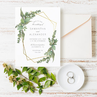 Botanical Greenery & Gold Geometric Wedding Invitation Postcard
