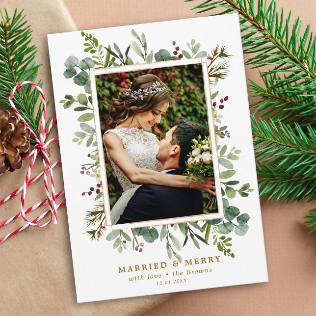 Botanical Greenery Gold Married and Merry Photo Holiday Card (Creator Uploaded)
