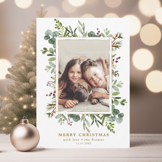 Botanical Greenery Gold Merry Christmas Photo Holi Holiday Card (Creator Uploaded)