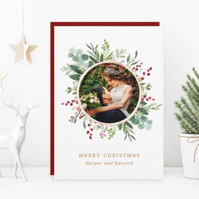 Botanical Greenery Gold Merry Christmas Photo Holiday Card (Creator Uploaded)