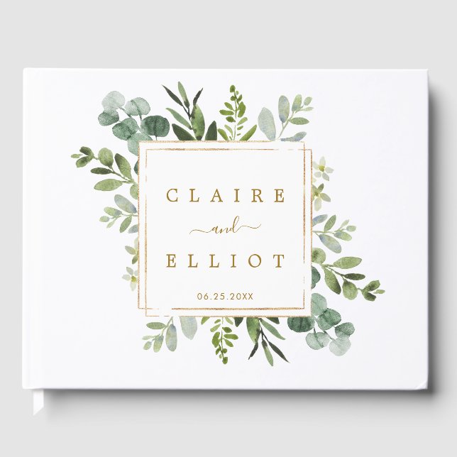 Botanical Greenery Gold Square Wedding Guest Book (Front)