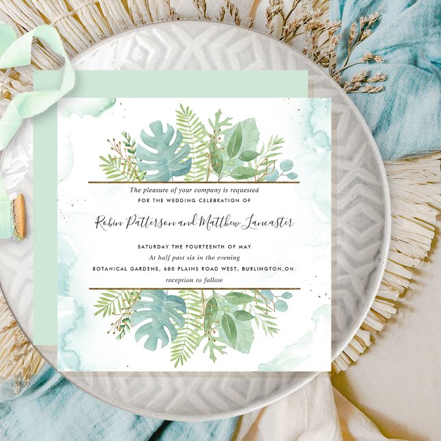 Botanical Greenery, Green Blue Watercolor Wedding Invitation (Creator Uploaded)