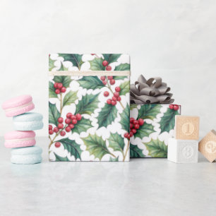 Botanical Greenery Holly and Cherries Holiday  Wrapping Paper