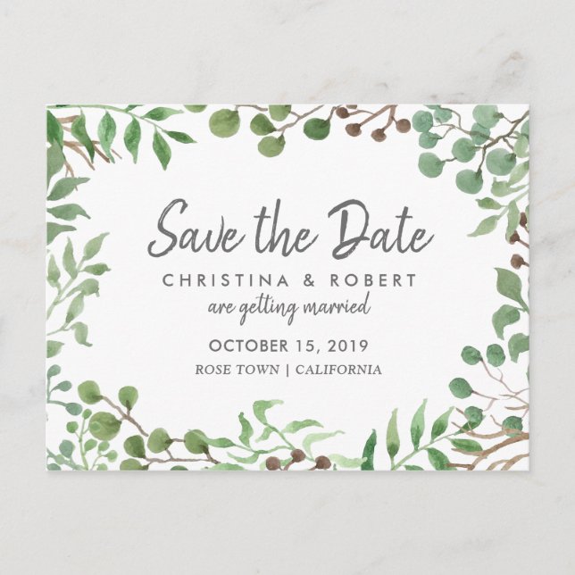 Botanical Greenery | Leaf | Save The Date Announcement Postcard (Front)