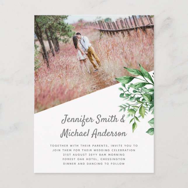 Botanical Greenery Leafy Wedding Invitation Budget Postcard (Front)