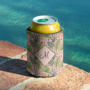 Botanical Greenery Leaves and Monogram Pink Can Cooler