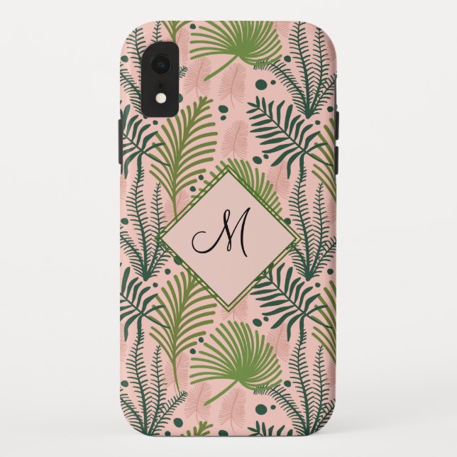 Botanical Greenery Leaves and Monogram Pink Case-Mate iPhone Case (Back)